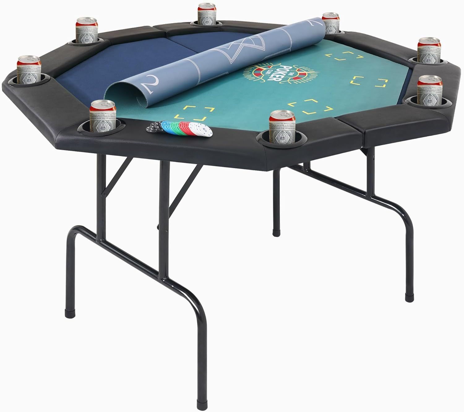 COCO DESIGN Foldable Poker Table, Octagonal 8 Player Poker Table with Top, Chips, Cup Holder,