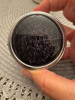 Silver Toned Pill Box Case with Black Epoxy Coated Lid of Celestial Map 2.25” diameter.