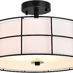 Ludil 16" Semi Flush Mount Ceiling Light Fixture, 3-Light Black Metal Mesh Drum