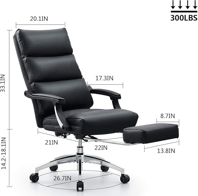 Ticova Executive Office Chair - High Back Leather Office Chair with Footrest and Thick Padding - Reclining Computer Chair with Textured Leather and Er