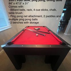 3-in-1 Pool Table, Ping Pong, Dining Table