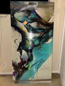 "Trust The Flow" contemporary abstract canvas print featuring energetic teal, black, and white fluid strokes by artist Jonas Gerard