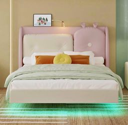 Twin size 43.7-in W Modern Pink and White Upholstered Floating Bed Frame with LED Lights