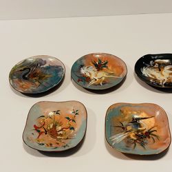 Vtg MCM Enameled Cooper Hand painted & Signed Set of 5 Trinkets Made in Holland
