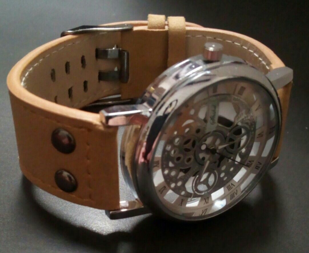 See-Thru Hollow Dial Watch -Brand New -All Glass Front & Back Dial Showing Parts Inside -Leather Strap