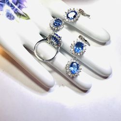 Sterling Silver.925 Stamped Tanzanite and CZ Earrings and Ring Set.