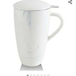 KOOV Porcelain Tea Cup with Infuser Basket and Lid, Teaware with Filter, 18 OZ (marble white)

