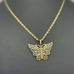 14k three tone gold butterfly pendant charm & Valentino link 20” chain Necklace 2.4mm 8 grams
