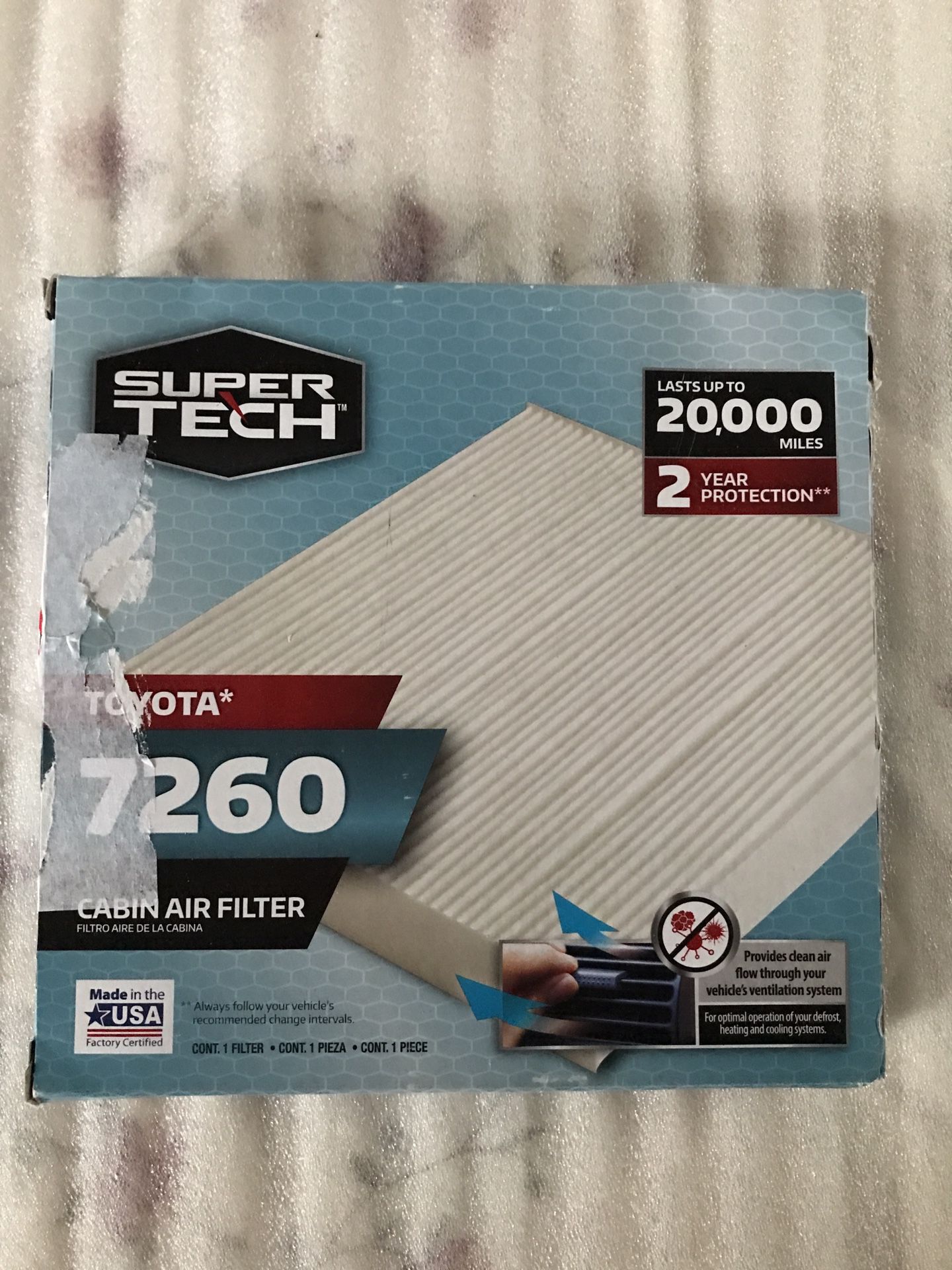 SuperTech 7260 Replacement Air/Dust Filter for Toyota Cabin Air Filter