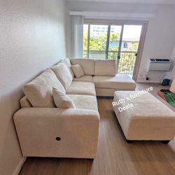 Gorgeous! Ivory 3-Pc Corduroy Sectional Sofa Set With Ottoman 