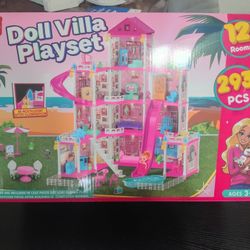 “Large Dollhouse Villa Playset – 12 Rooms, 293 Pieces – New in Box”
