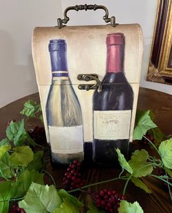 Vintage Hand-Painted Wooden Double Wine Bottle Carrier With Vine Decor