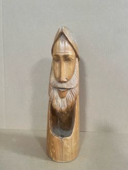 Vintage Hand Carved Wooden Folk Art Bearded Face Vase / Sculpture – Solid Wood