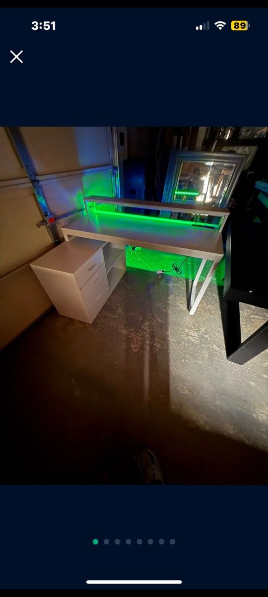 55" L-Shape Computer Desk With LED Lights, Power Outlets & Drawer Shelves