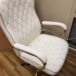 White and Gold Office Chair, Luxury Leather Executive Desk Chair Elegant Timeless Appeal, Vintage Mid Back Styling with Wheels and Padded Arms, Thick 