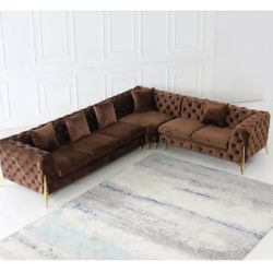 Brown Velvet Sectional Deep Button Tuft Gold Legs Brand New In Box Firm Price $2,460