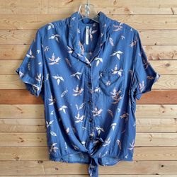 KUHL Blue Elsie Twilight Leaves Pattern Button Up Cotton Blend shirt Top Size L