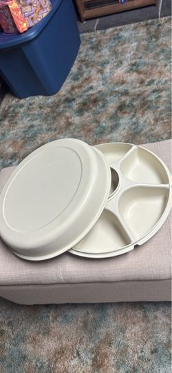 Vintage Tupperware 3-piece divided veggie fruit dip serving tray platter almond 6 section & 1 bowl