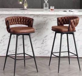 Modern Bar Stools Set of 2, 26" Bar Height Barstools, 180° Swivel Suede Fabric Stool Chairs with Woven Back and Footrest for Kitchen Island, Cafe, Pub