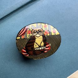 Vintage Papier Mache Hand Painted Cat Print small Trinket Box