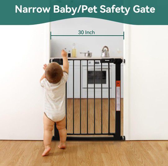 BABELIO 27-30 Inch Narrow Easy Install Baby Gate, Fit for Small Stairs & Doorways, Auto-Close Design,Pressure Mounted Gate with Door for Child and Pet