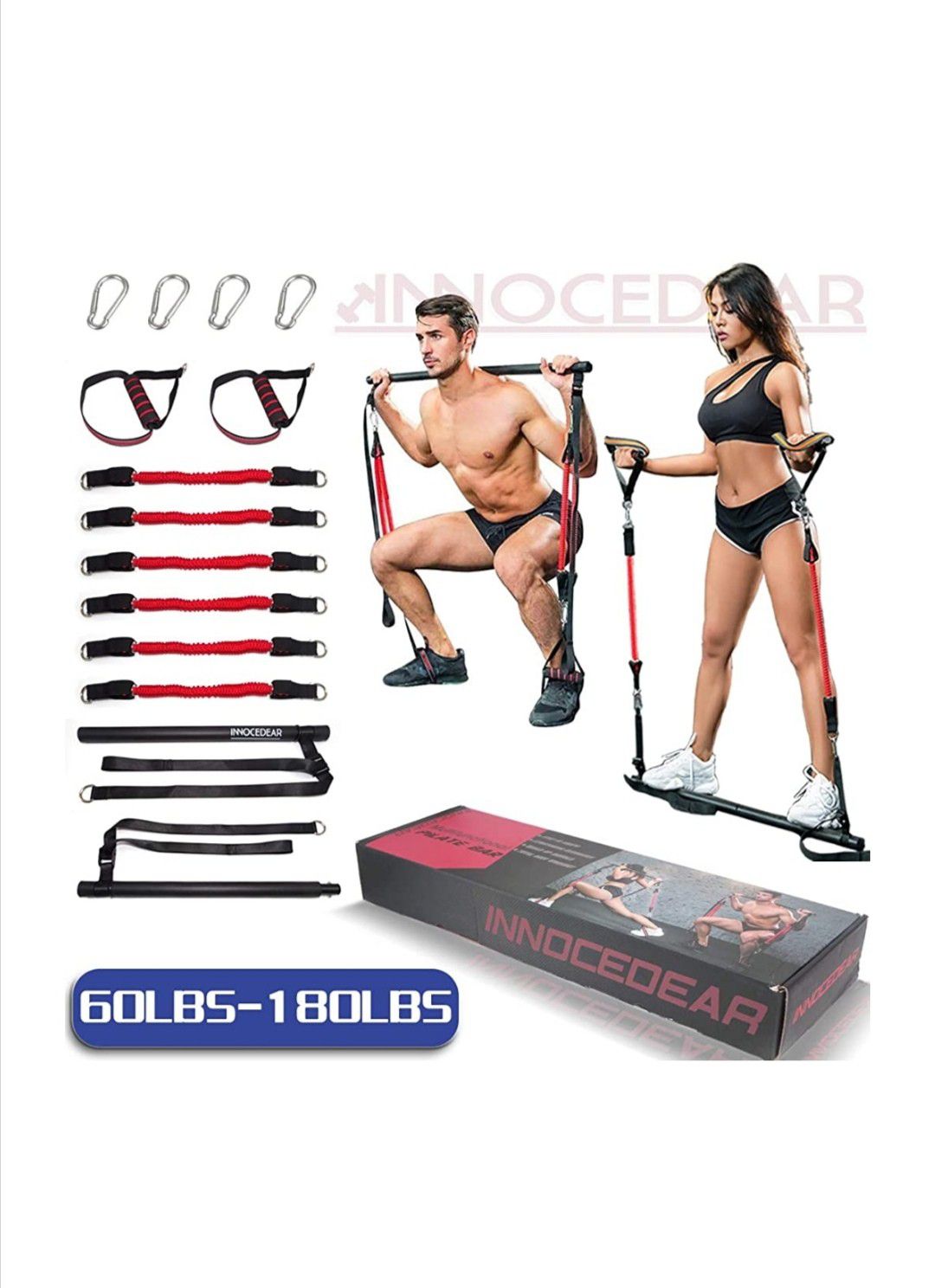 Home Gym Bar Kit with Resistance Bands,Portable Gym Full Body Workout,60-180LBS Adjustable Pilates Bar System,Safe Exercise Weight Set,-