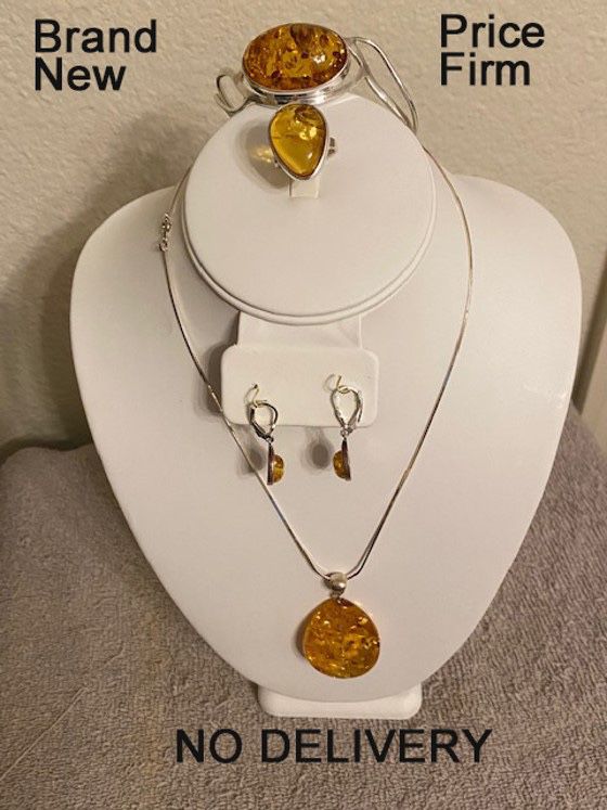New, Price Firm, Sterling Silver Honey Baltic Amber Pendent, Earrings and Ring and Cuff