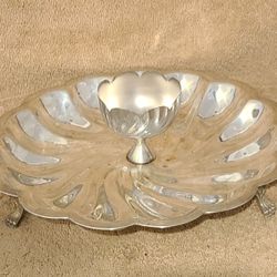  Silver Scalloped Edge 3 Footed Bowl with Center Cup