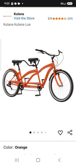 Kulana Lua Tandem Adult Beach Cruiser Bike - 26" Wheels, 7-Speed (Orange) New in box