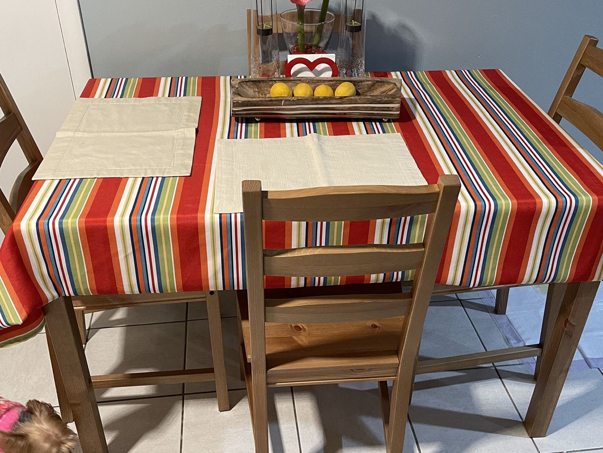 Table and 4 chairs, antique stain. $69