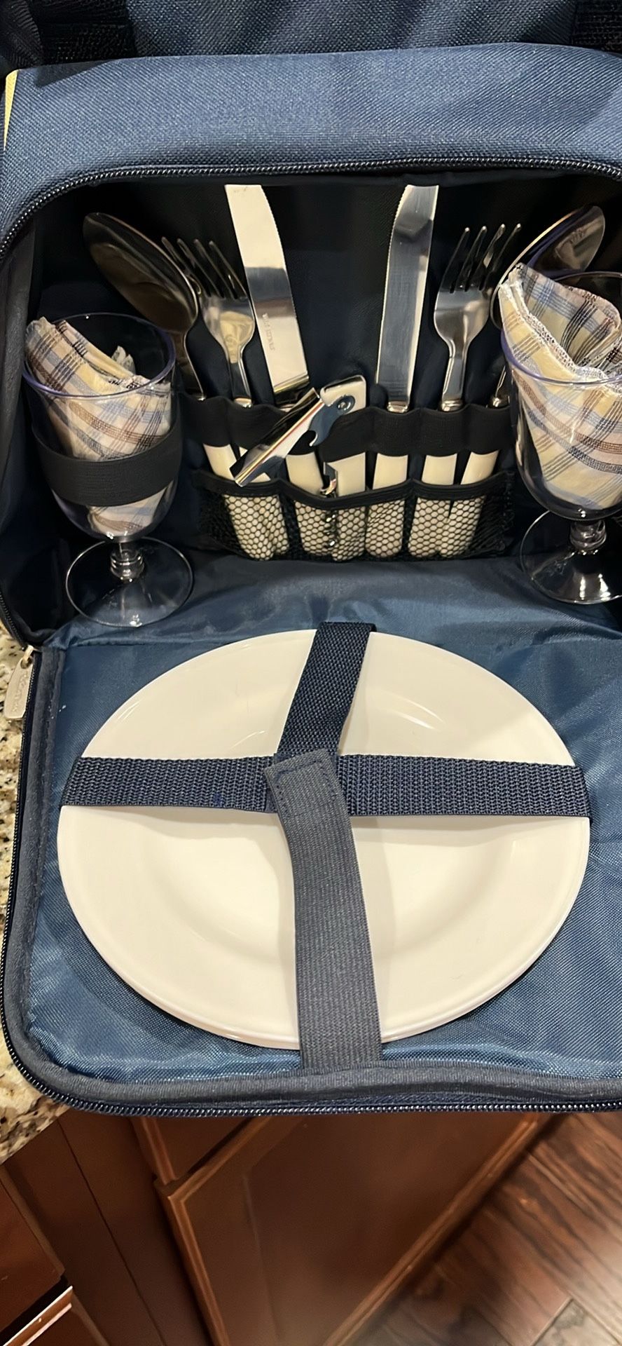 Picnic cooler set w 2 plates, glasses and silverware sets. Insulated! Brand new not in box.