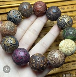 Pear Wood Buddha Beads Mala Bracelet Hand Carved Wooden Beads with Luminous Jade Lucky Charms Wealth Attracting Buddhist Prayer Bracelet for Men and W
