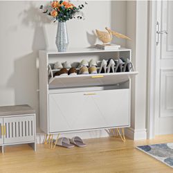 2-Tier Shoe Cabinet with Flip Drawers, Narrow Free Standing Wooden Shoe Storage Cabinet for Entryway, White Modern Shoe Organizer Cabinet with Metal L