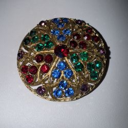 Lisner Atomic Starburst Rhinestone Brooch Red Pink Gold Tone Vintage Signed, 1950's