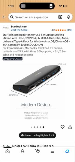 https://offerup.com/redirect/?o=U3RhclRlY2guY29t Dual Monitor USB 3.0 Laptop Docking Station with HDMI/DVI/VGA, 3x USB-A Hub, GbE, Audio, Universal Ty