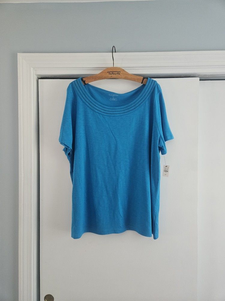 Women's Talbots Lattice Trim Tee Blue Cotton Short Sleeve 2X T-Shirt - BNWT