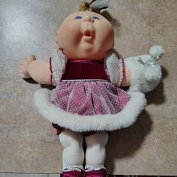 Mattel 1991 13” Cabbage Patch Doll Burgundy and White Dress Blue Signature