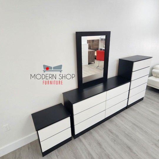 DRESSER WITH MIRROR, CHEST AND ONE NIGHTSTAND