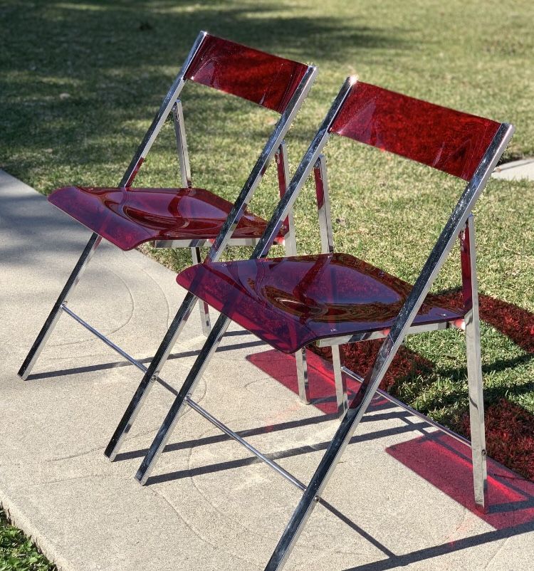 Red Cherry Acrylic Lucite chrome folding chairs | Industrial | Modern | Hollywood Regency | Vintage | Mid Century | Retro | Living Room | Dining Room