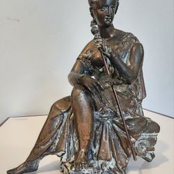 ANTIQUE Goddess With Septor Sitting On Stool Bronze Figurine Statue 6.75" Tall