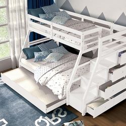 Brand New White Twin Over Full Bunk Bed w Staircase and Trundle