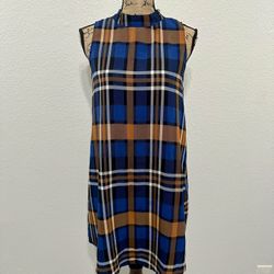 Sandy & Sid Women's Dress Mock Neck Sleeveless Lined Blue/Brown Plaid Sz: Small 