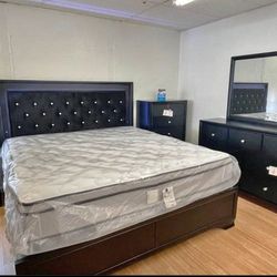 Micah Black LED Upholstered Panel Bedroom Set.. Bed Frame Dresser Mirror Nightstand. 4 Pice 