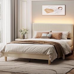 Queen Bed Frame with Headboard,Platform Queen Size Bed Frame with LED Lighting,Bed Frame Wooden Slats Support,No Box Spring Needed,Never Squeaks, Easy