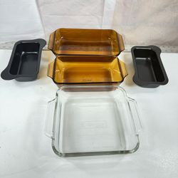 Vintage 441 & 432 Anchor Hocking Amber Glass Baking Dish Loaf Pan and Clear 14 2 Quart plus 2 pans The larger one in the back that is the 442432 as a 
