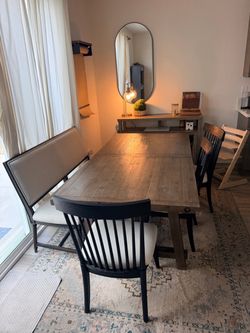 Living Spaces Dining Table plus 4 chairs + bench + extra leaf