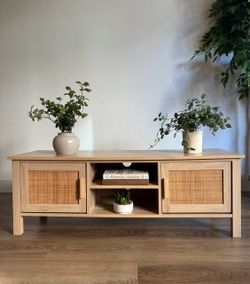 Modern Oak & Rattan TV Stand | Boho Entertainment Console