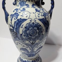 Vintage 14" Blue White Twin Handle Ceramic Vase Floral Delft Style Urn

