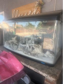 Fish tank with some rocks and stand