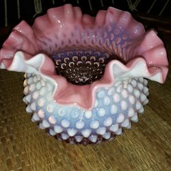 Fenton Cranberry Hobnail Opalescent Vase Rosebowl Vintage Artglass Blown Glass Pressed Glass